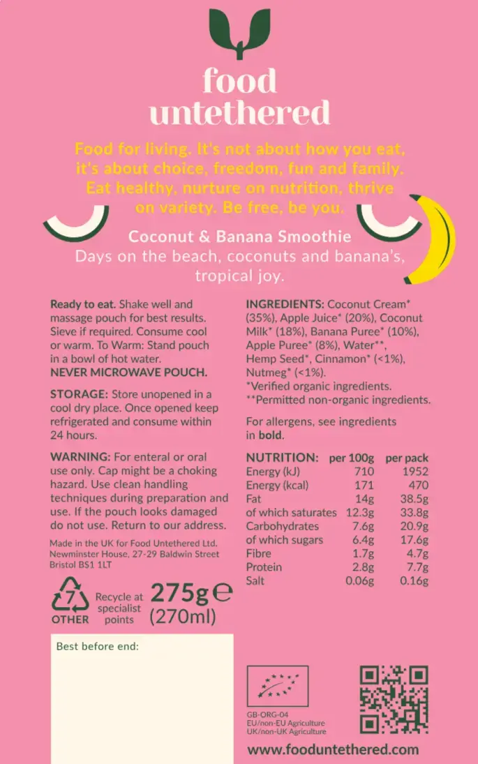Organic Coconut & Banana Smoothie for tube feeding – ready-to-eat, high-calorie blended meal with hemp seeds and cinnamon (270ml, 470kcal)