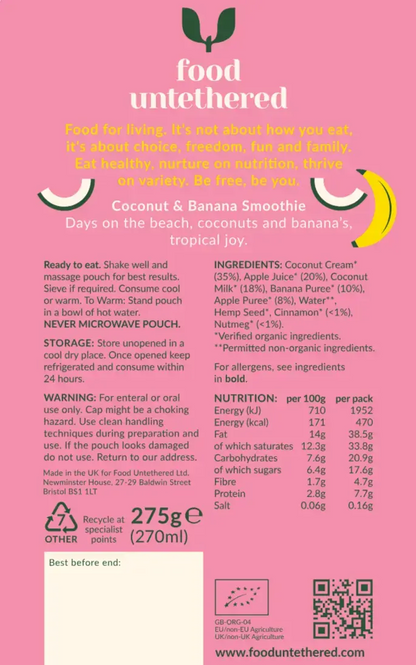Organic Coconut & Banana Smoothie for tube feeding – ready-to-eat, high-calorie blended meal with hemp seeds and cinnamon (270ml, 470kcal)