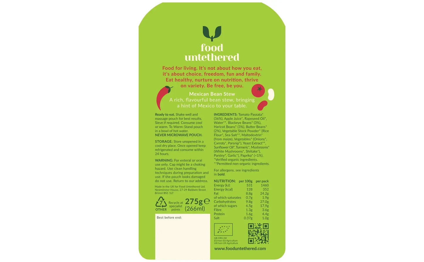 Nutrition information for Mexican Bean Stew blended tube feeding meal - organic, high-protein enteral food with paprika and mixed beans (UK-made)