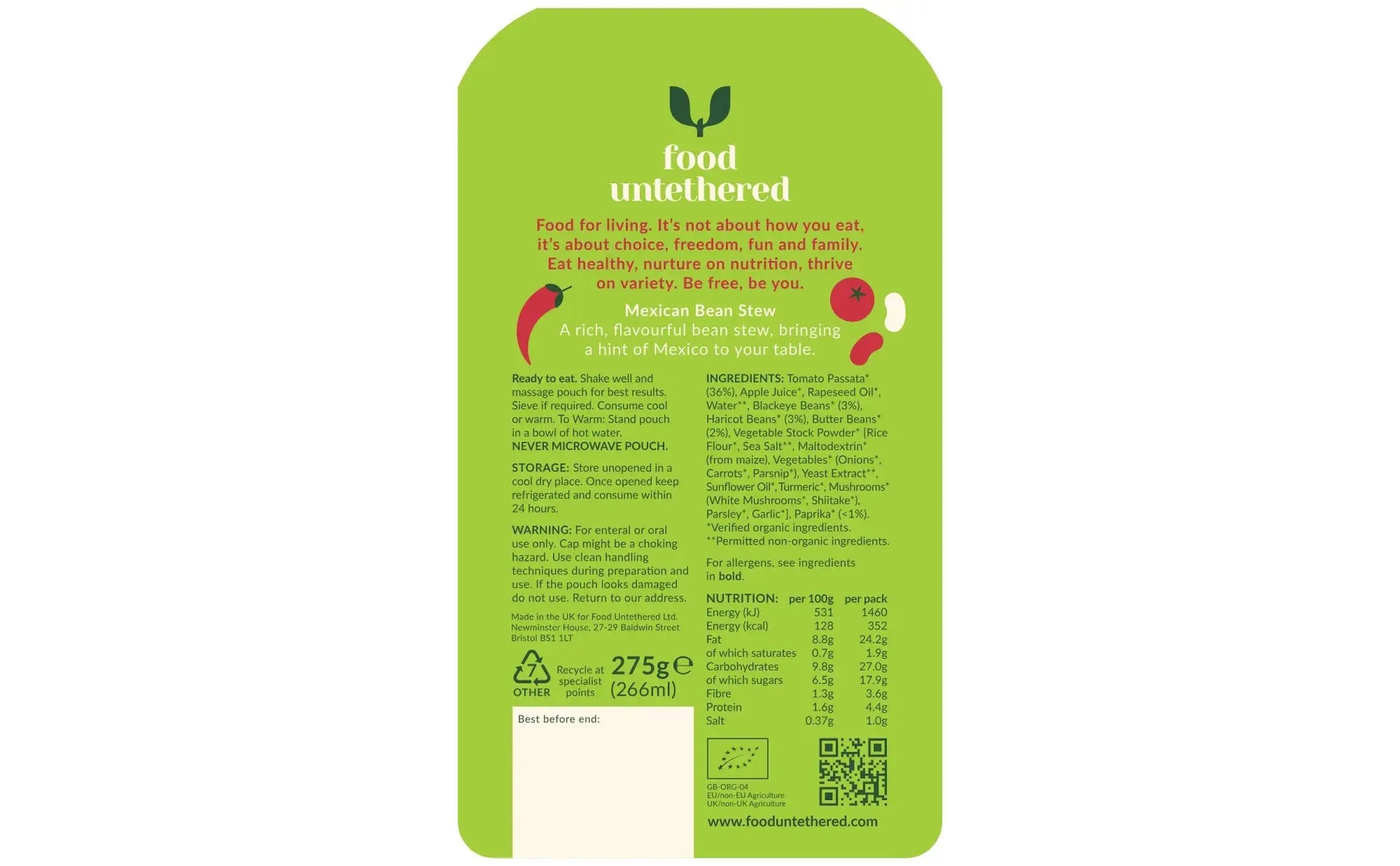 Nutrition information for Mexican Bean Stew blended tube feeding meal - organic, high-protein enteral food with paprika and mixed beans (UK-made)