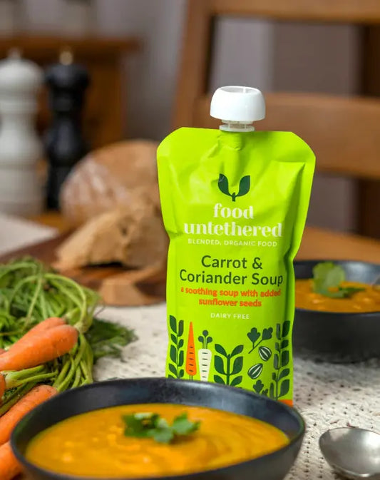 Organic Carrot & Coriander Soup for tube feeding - dairy-free blended meal with sunflower seeds (1.2kcal/ml)