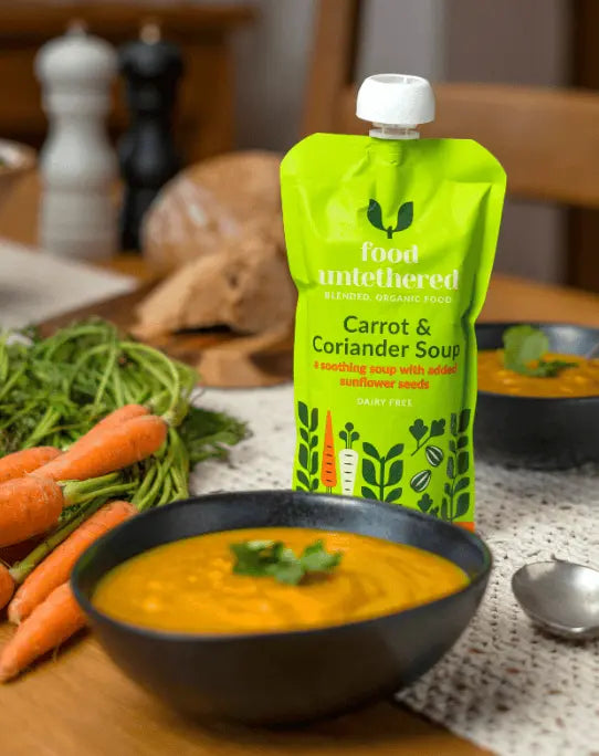Ready-to-eat Carrot & Coriander Soup for tube feeding - organic, dairy-free blended meal with sunflower seeds and paprika